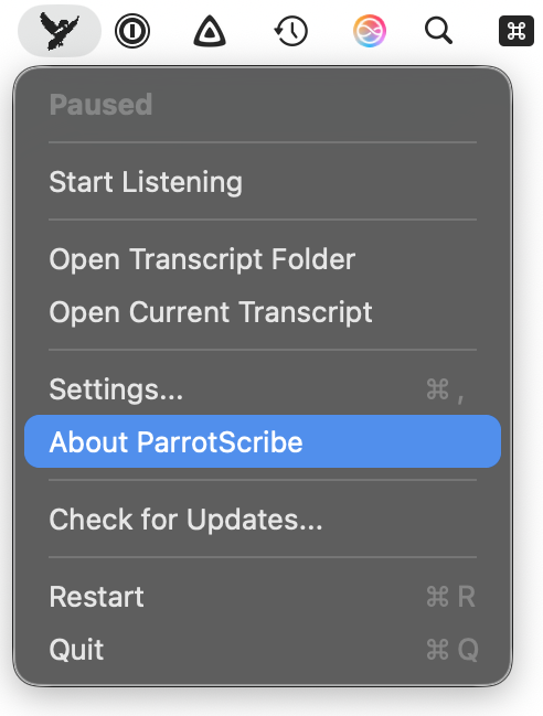ParrotScribe menu with About ParrotScribe selected