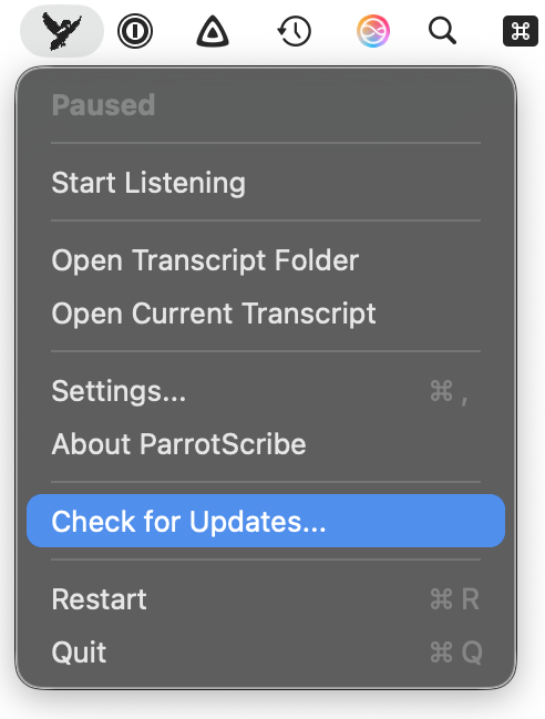ParrotScribe menu with Check for Updates selected