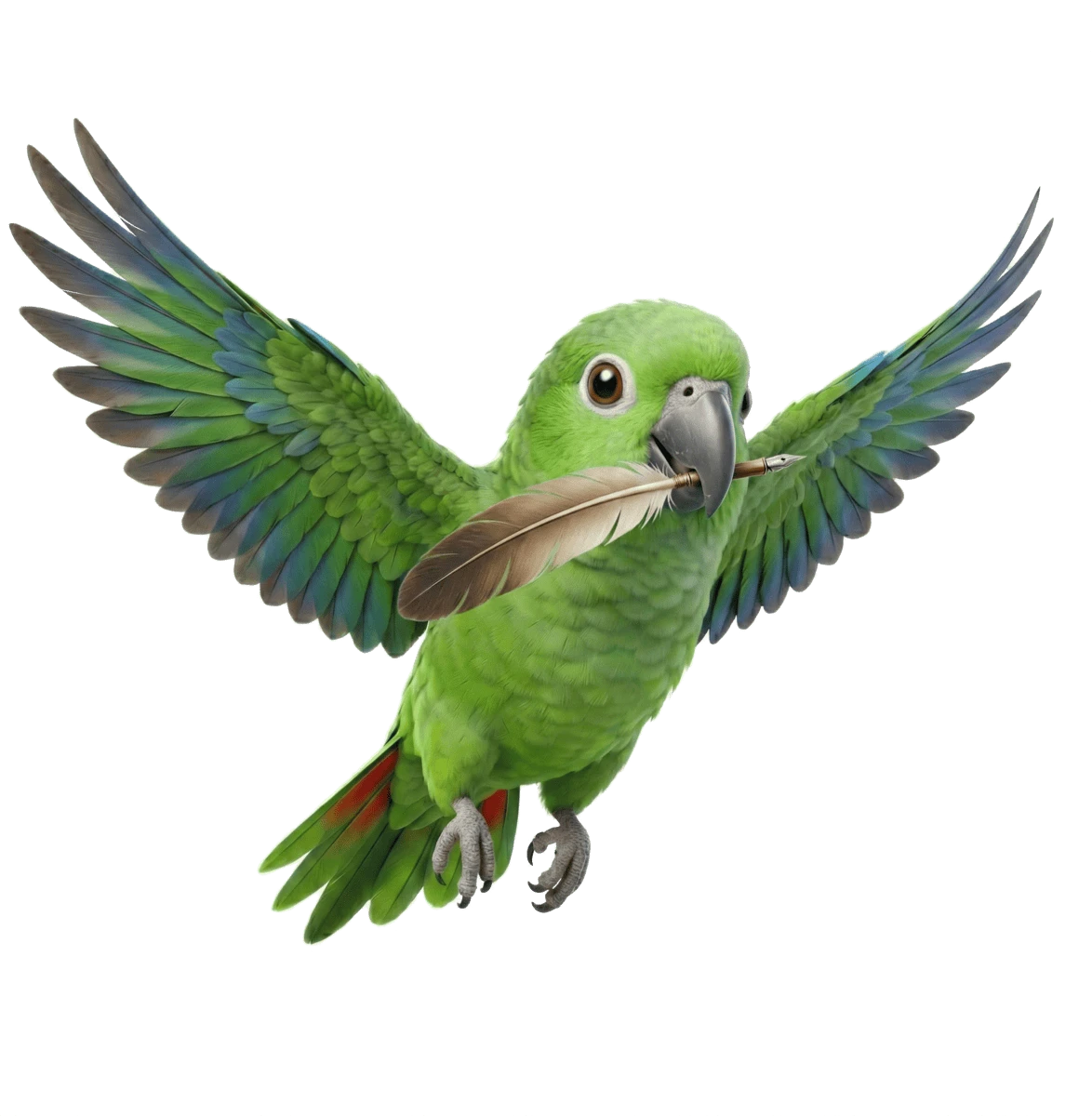Lex the parrot in flight with quill