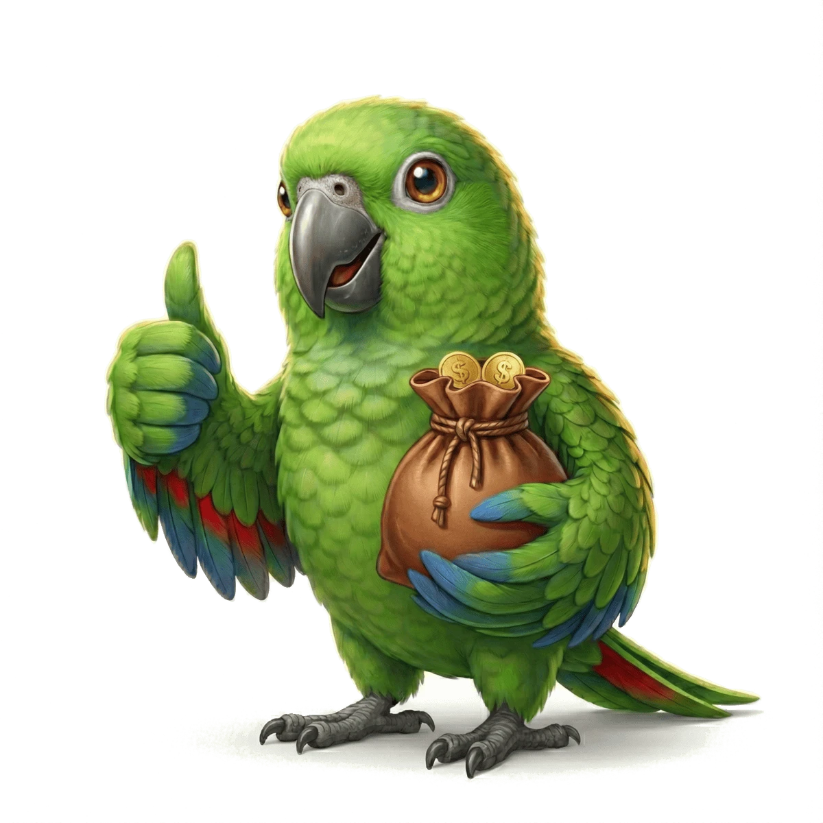Lex the parrot holding a money bag