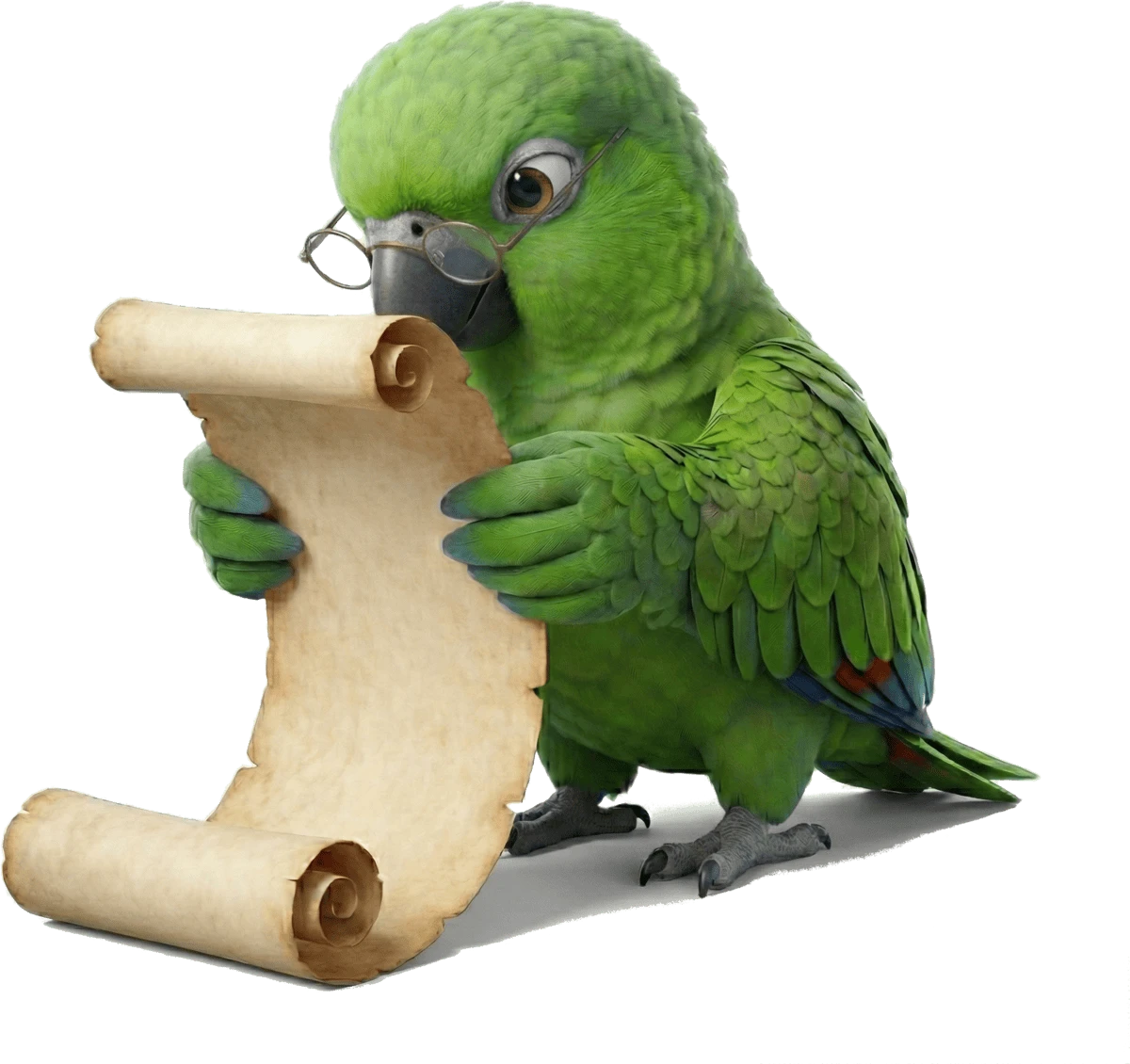 Lex the parrot with reading glasses