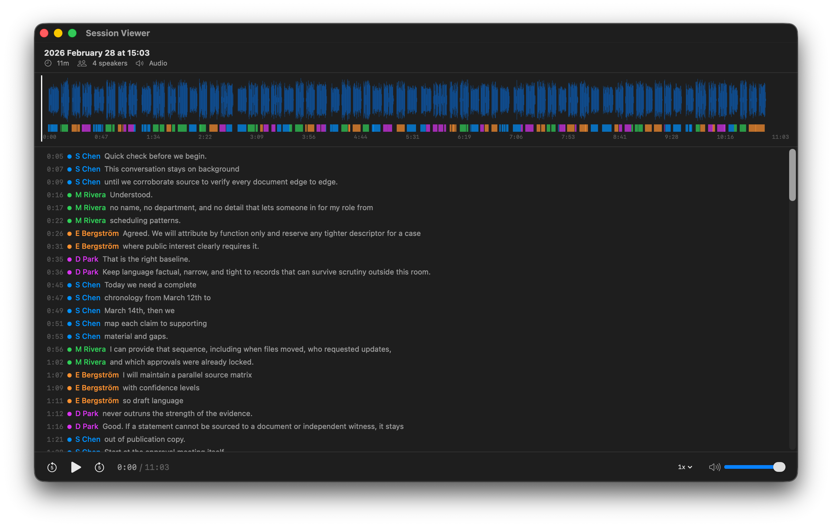 Session viewer showing transcript, speaker labels, and playback controls