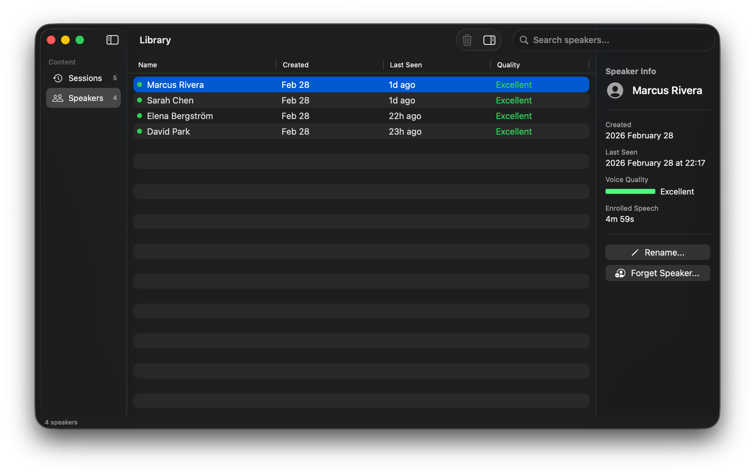 Speaker directory with Elena selected