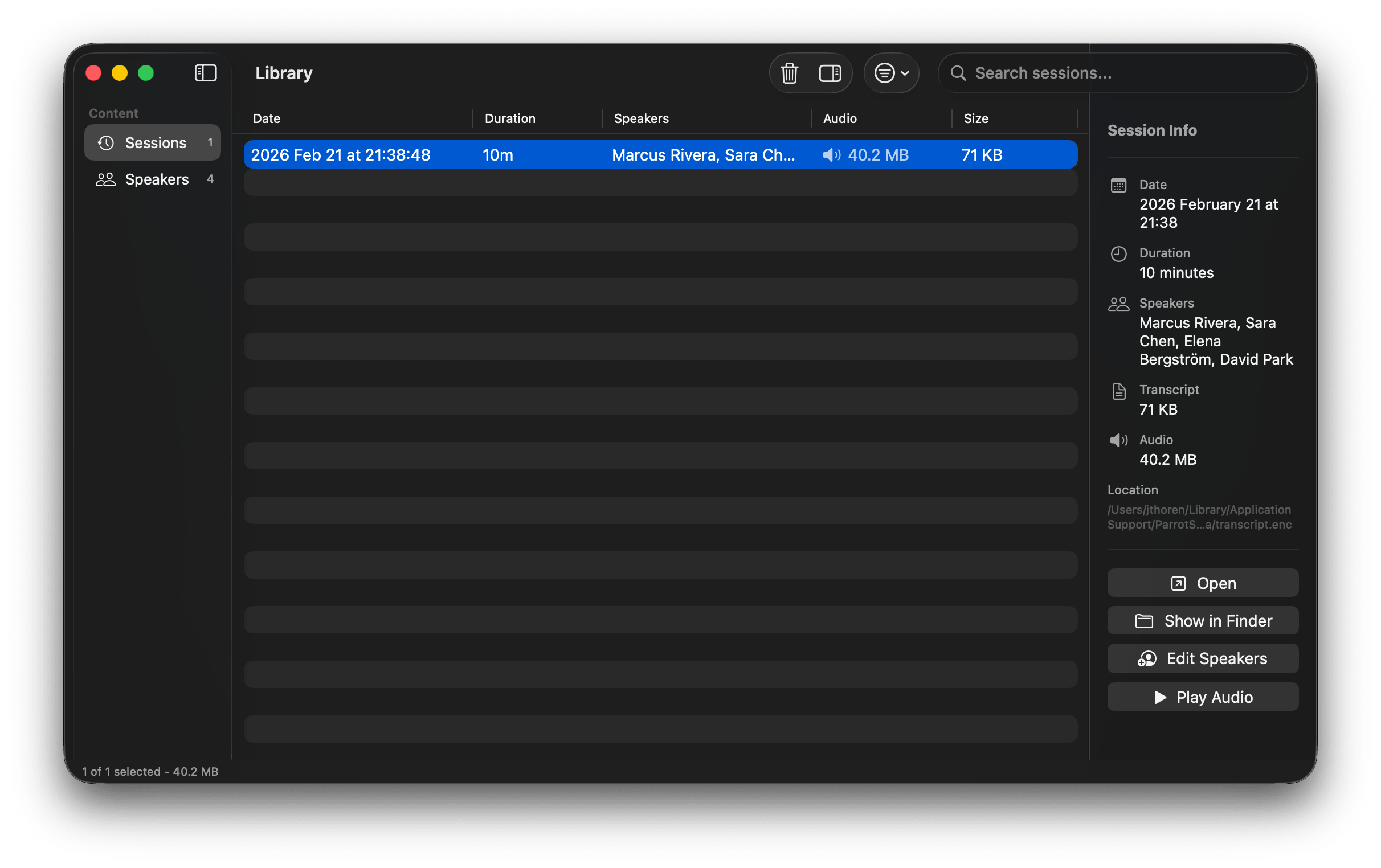 Session library with an identified session selected