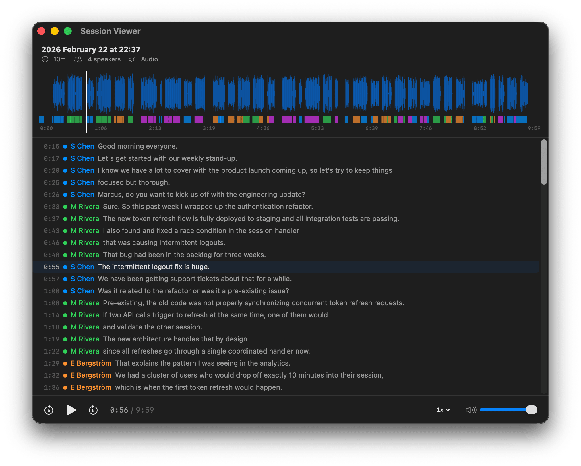 Session viewer showing transcript, speaker labels, and playback controls