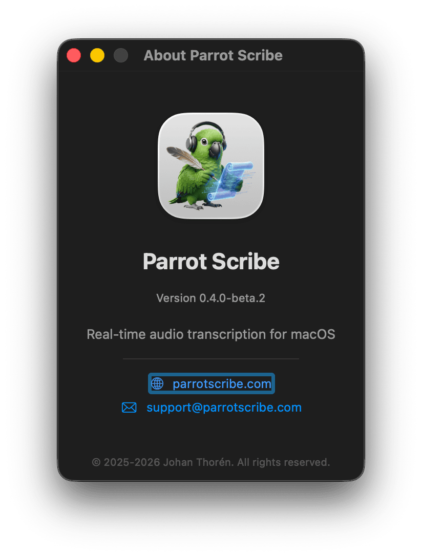 About Parrot Scribe window showing version information
