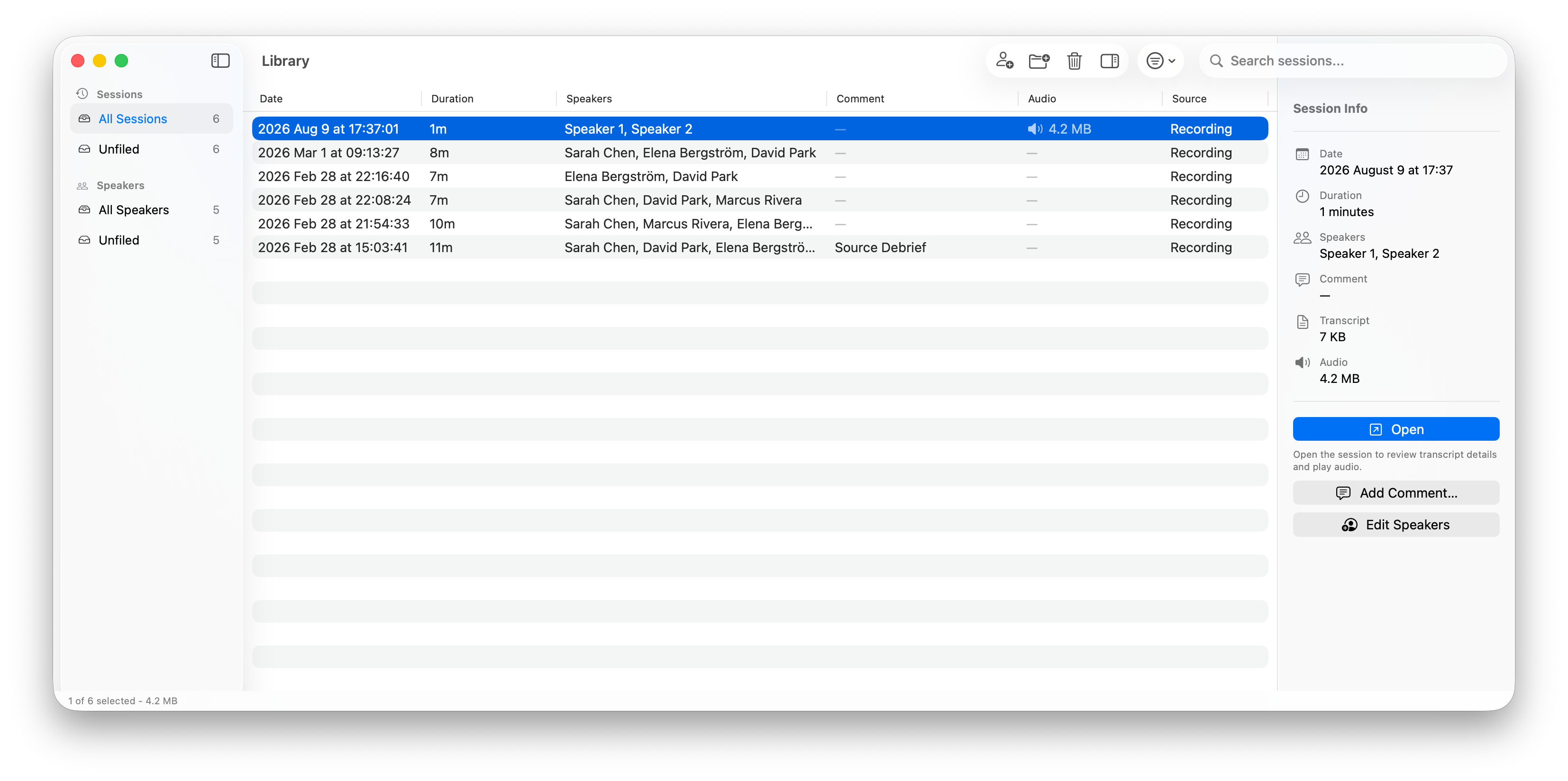 Library with a selected session and detail controls