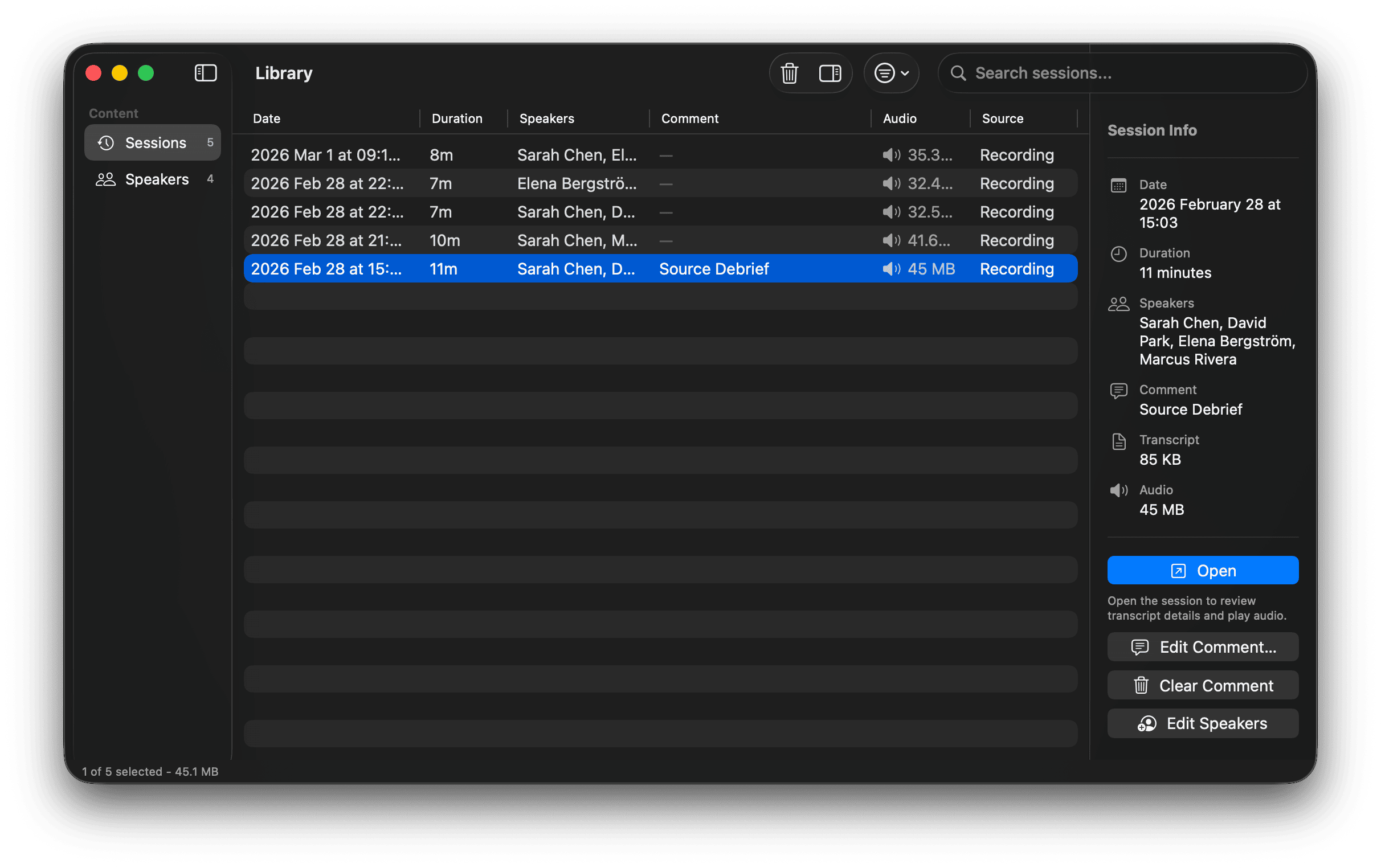 Library sessions view with selected session and detail pane