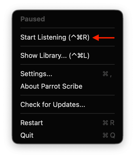 Parrot Scribe menu bar dropdown with Start Listening highlighted