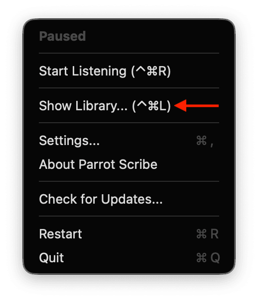 Parrot Scribe menu bar dropdown with Show Library highlighted