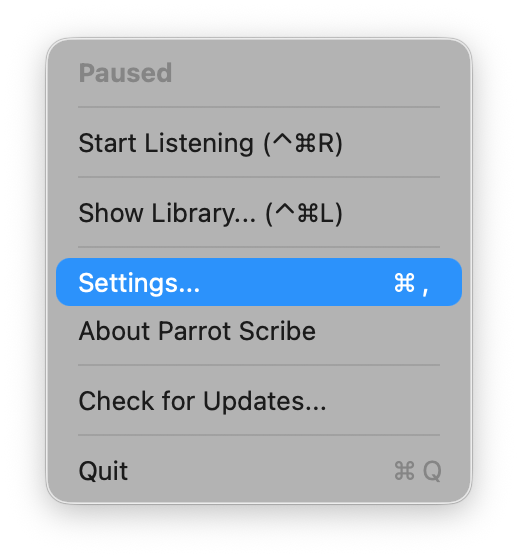 Parrot Scribe menu bar menu with Settings highlighted