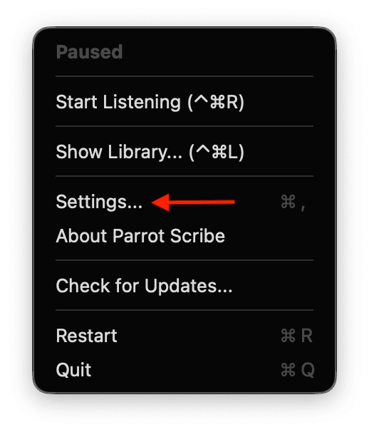Parrot Scribe menu bar dropdown with Settings highlighted