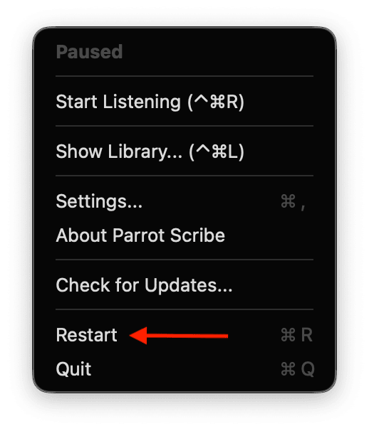 Parrot Scribe menu bar dropdown with Restart highlighted