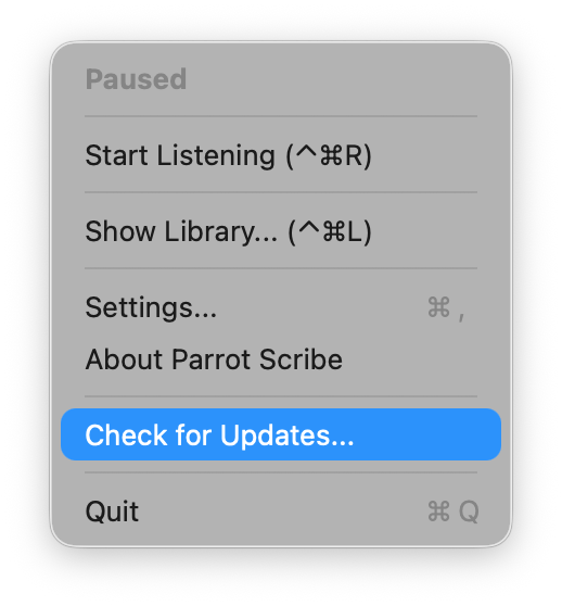 Parrot Scribe menu with Check for Updates highlighted