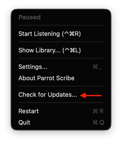 Parrot Scribe menu bar dropdown with Check for Updates highlighted