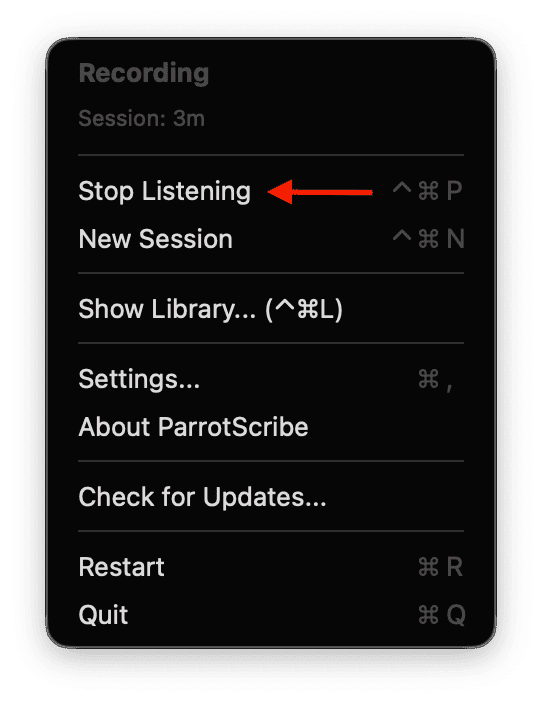 Parrot Scribe menu bar dropdown with Stop Listening highlighted
