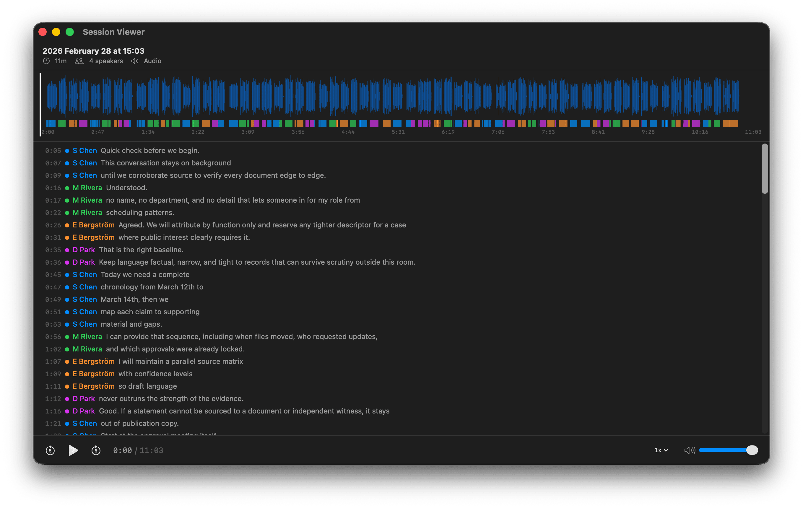 Session viewer showing transcript, speaker labels, and playback controls