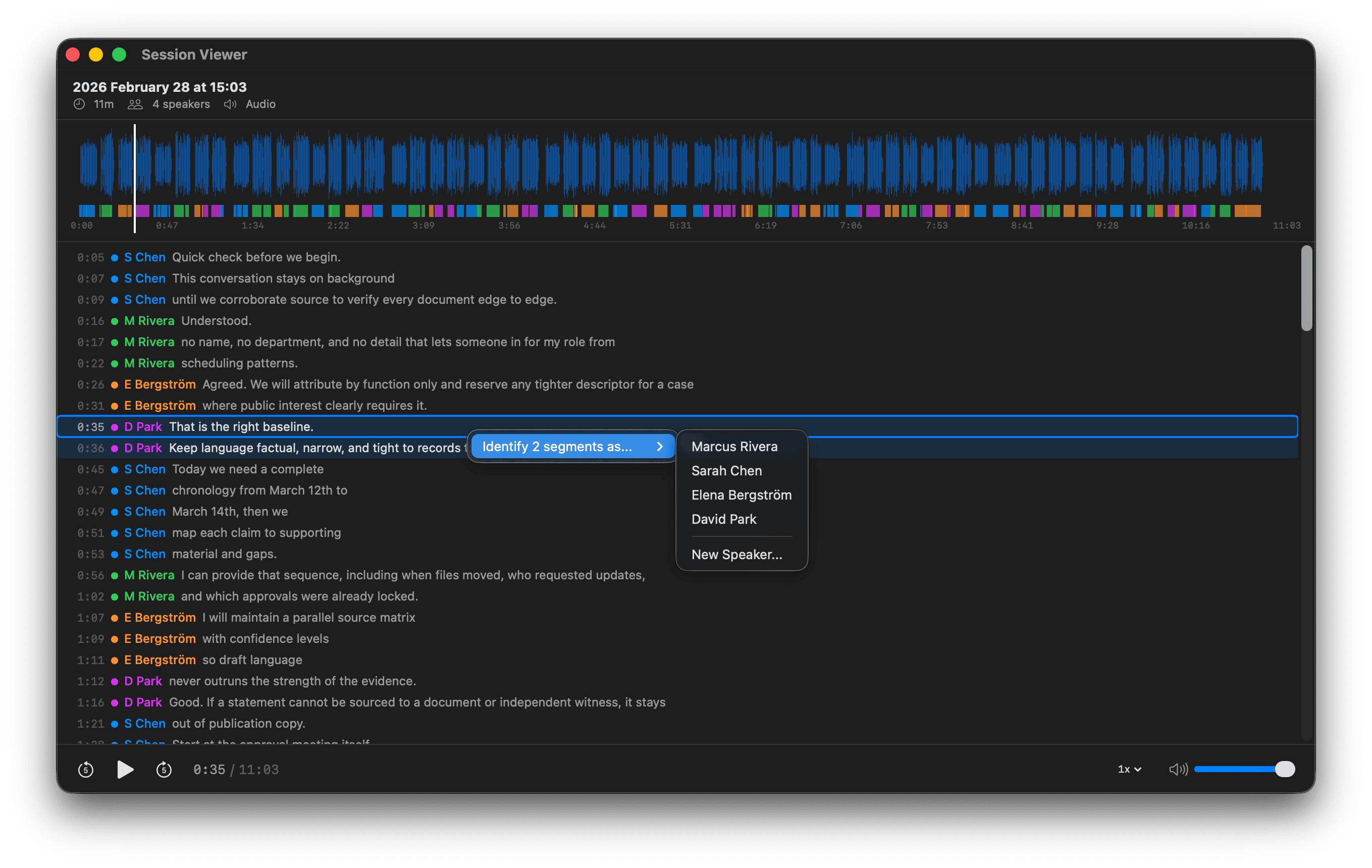 Session Viewer transcript variant with timeline and transcript focus