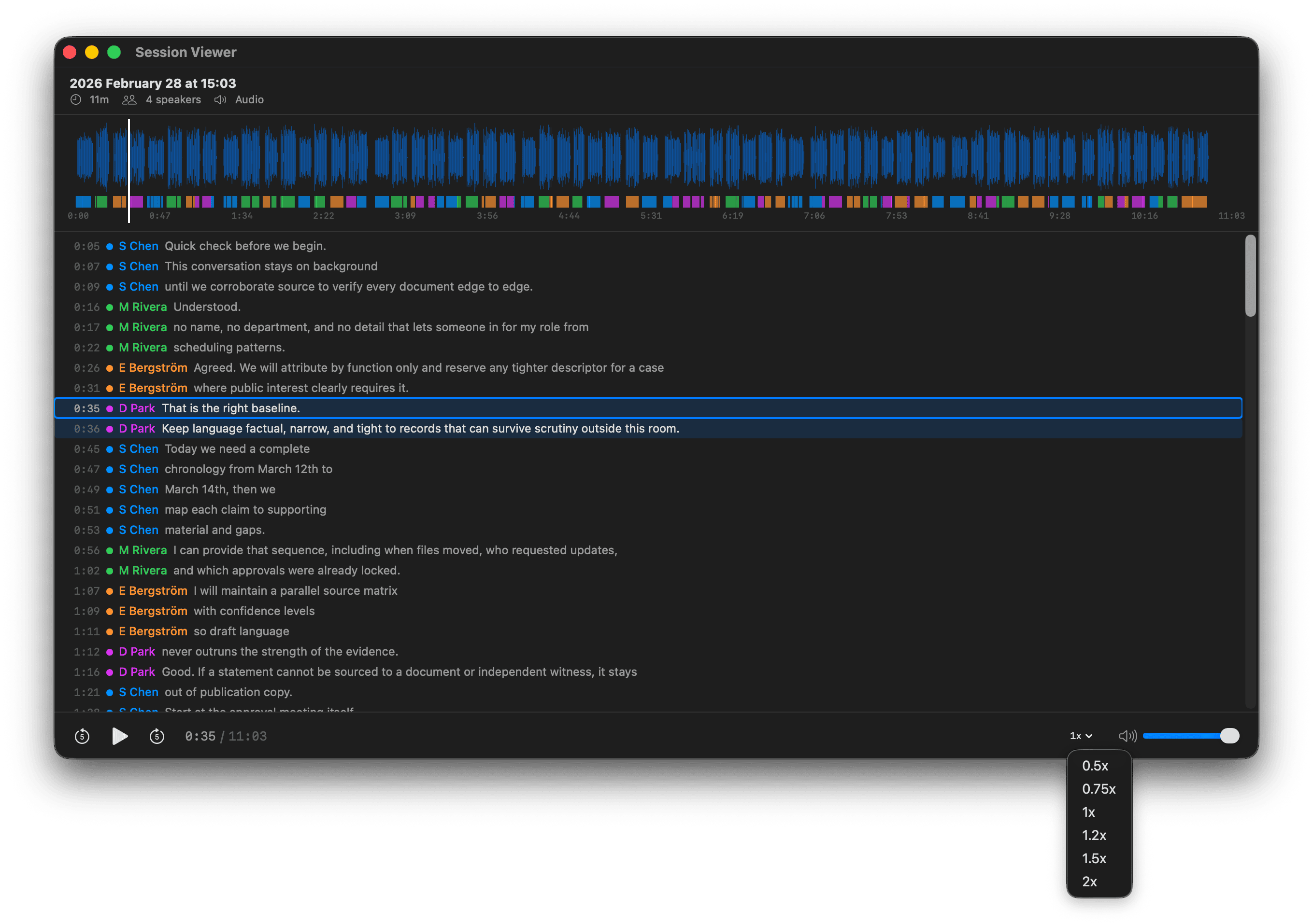 Session Viewer transcript with selected segment and playback controls