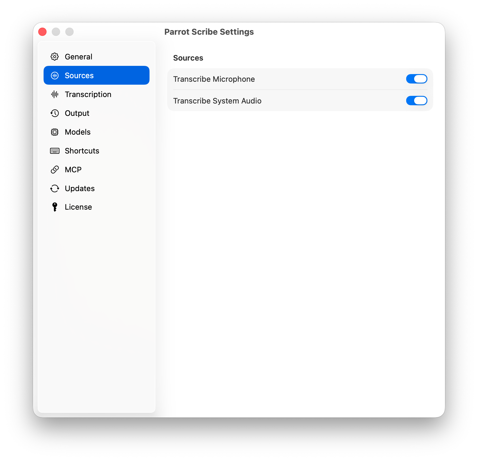 Sources settings with microphone and system audio controls