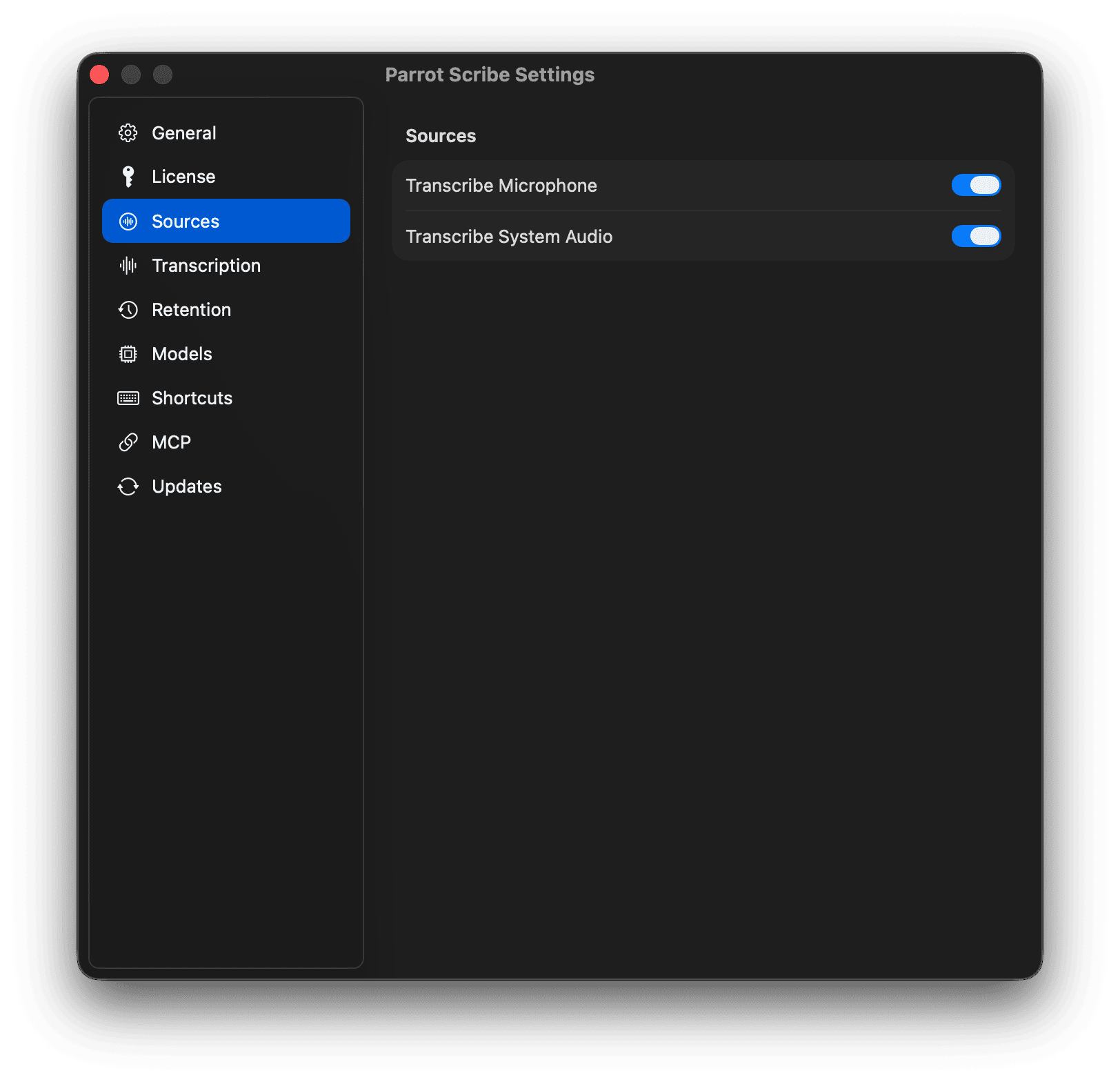 Capture settings with microphone and system audio inputs