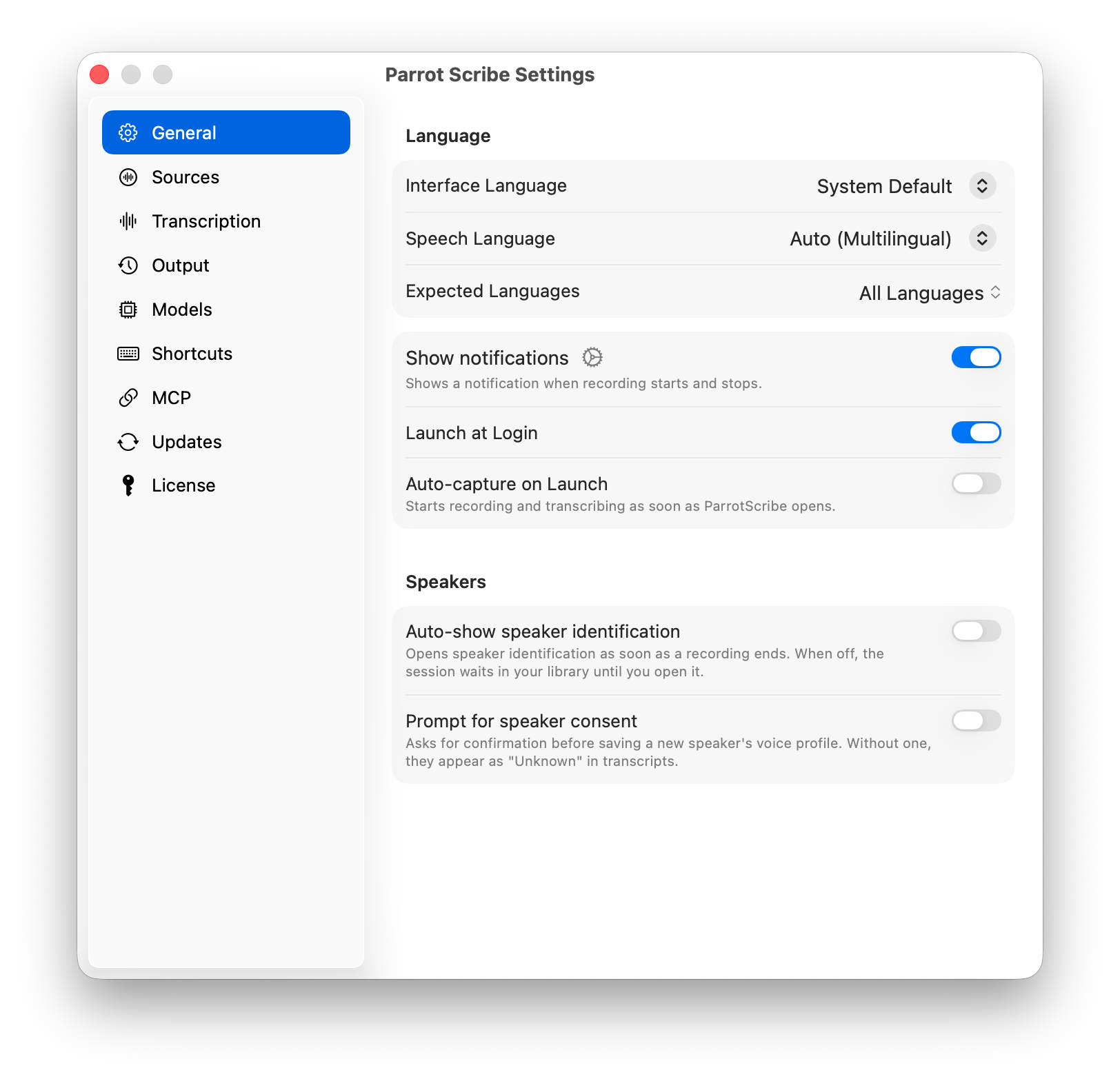 General settings for language, startup, notifications, and speakers