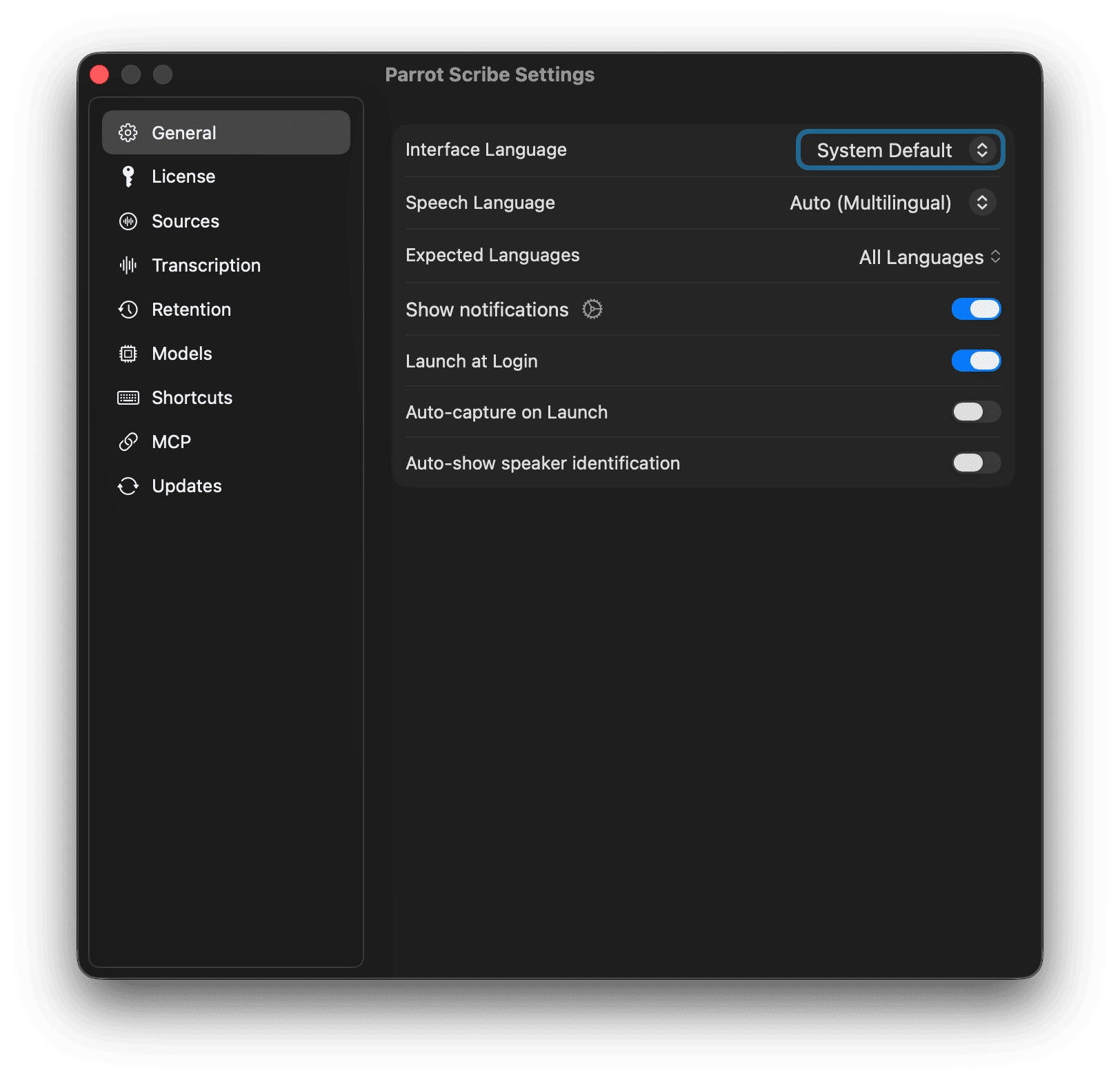 General settings with language defaults