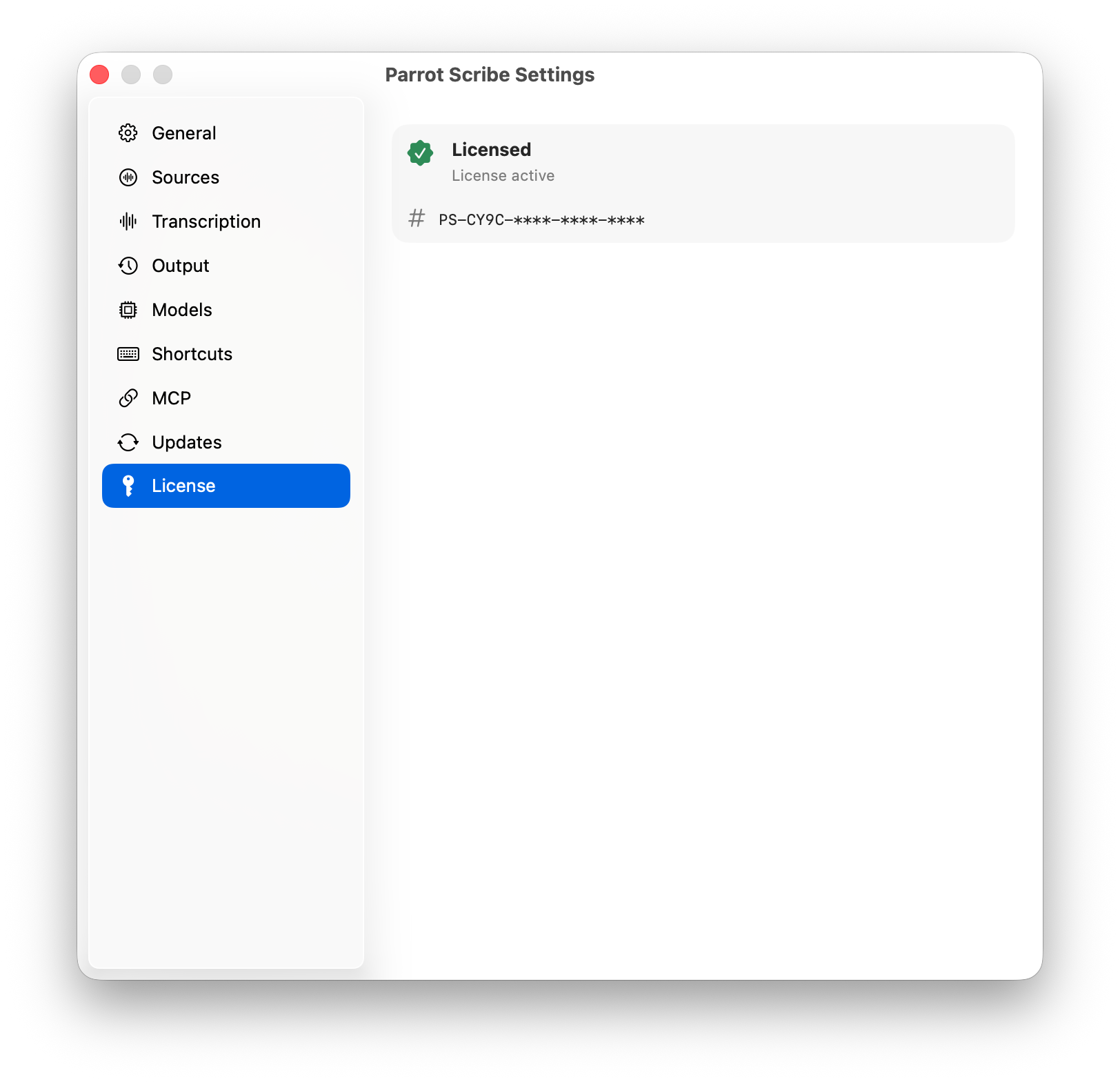License settings with an active license