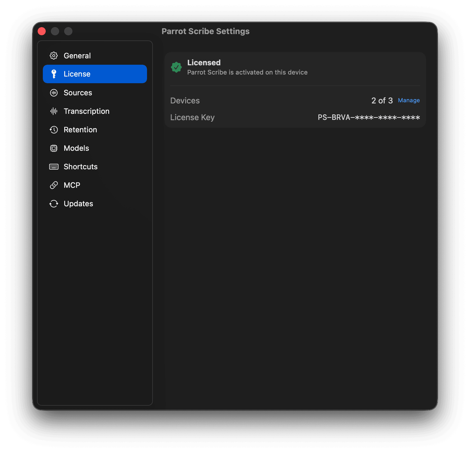 License settings showing activation state and device count