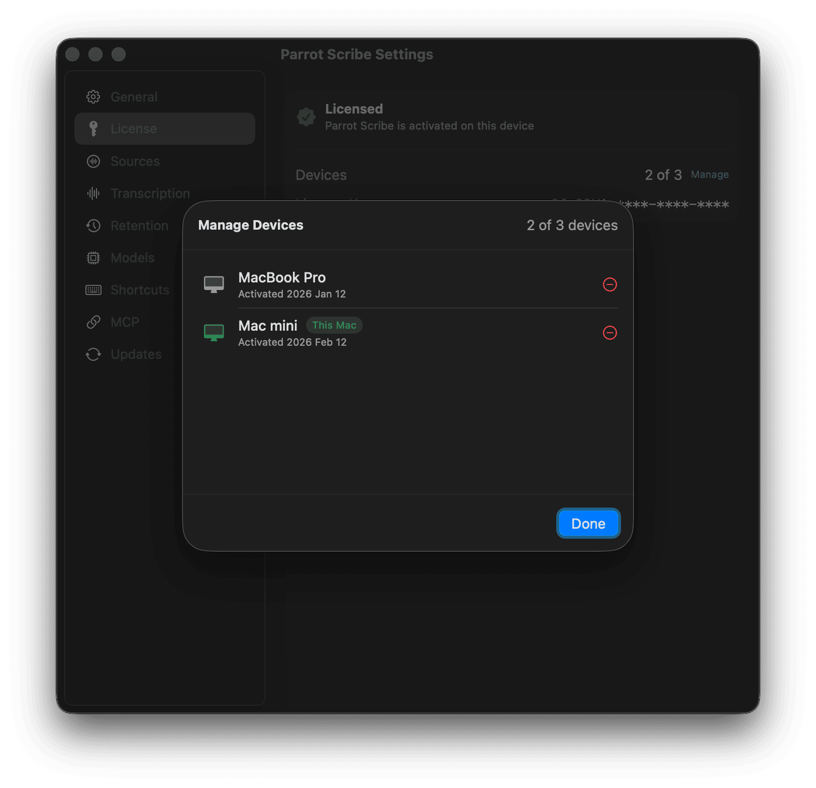 Manage Devices dialog
