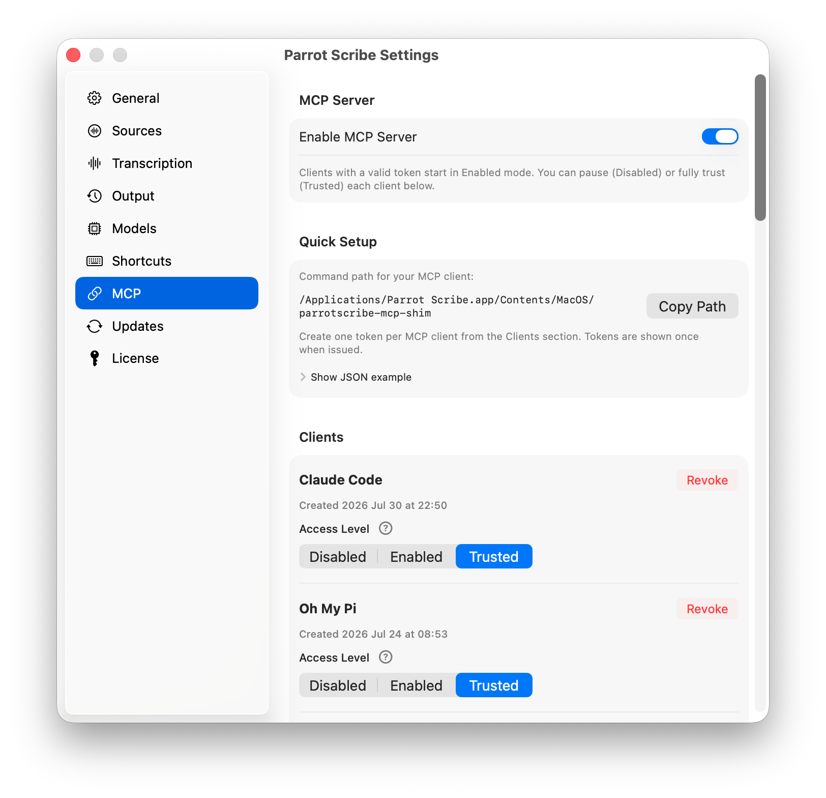MCP settings with server and client controls