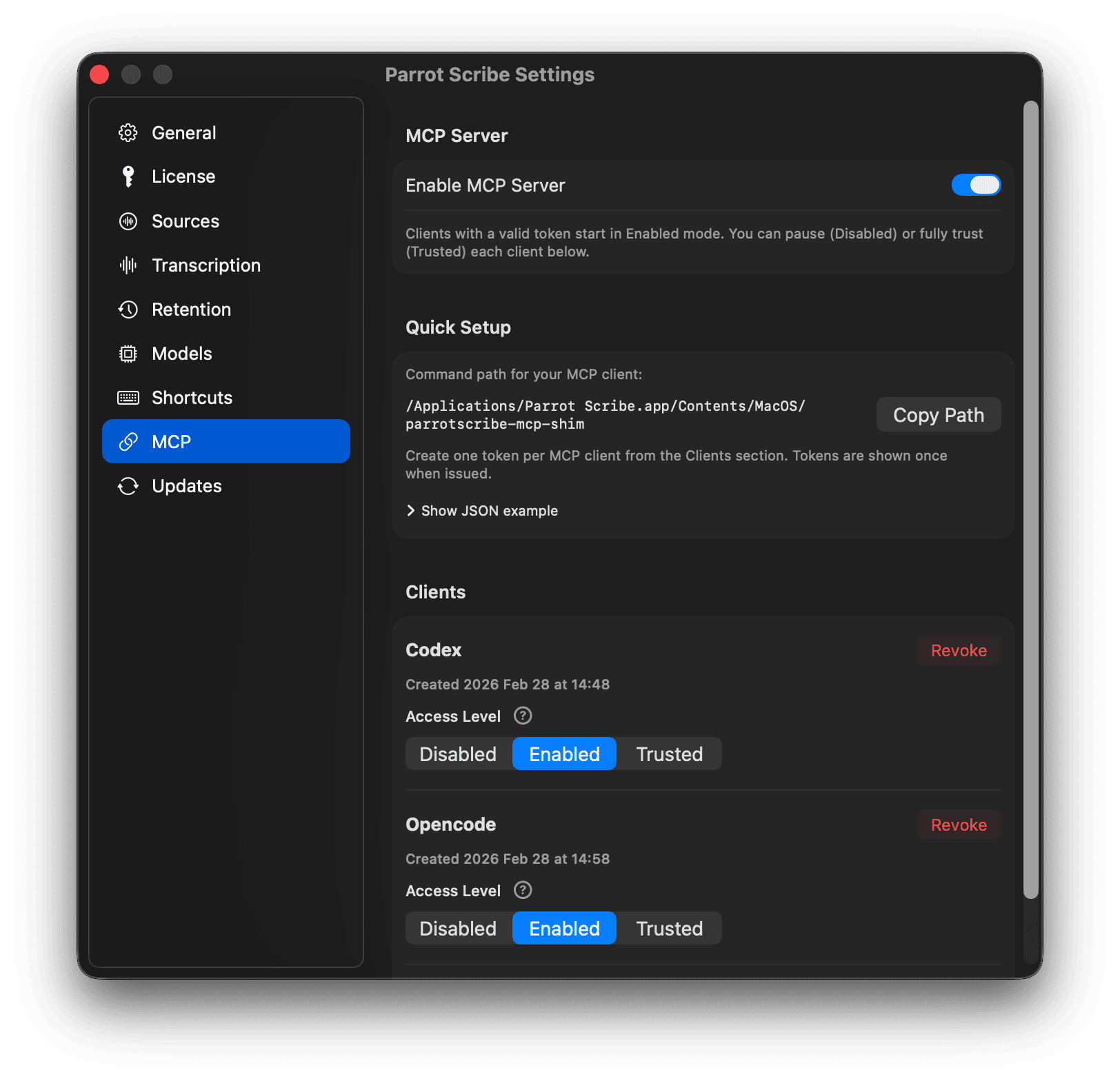 Settings MCP Server overview with client controls