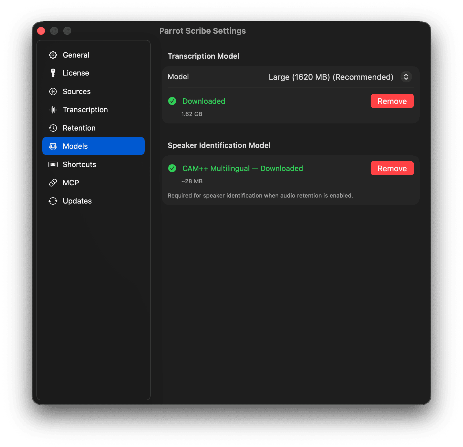 Models settings showing downloaded model controls