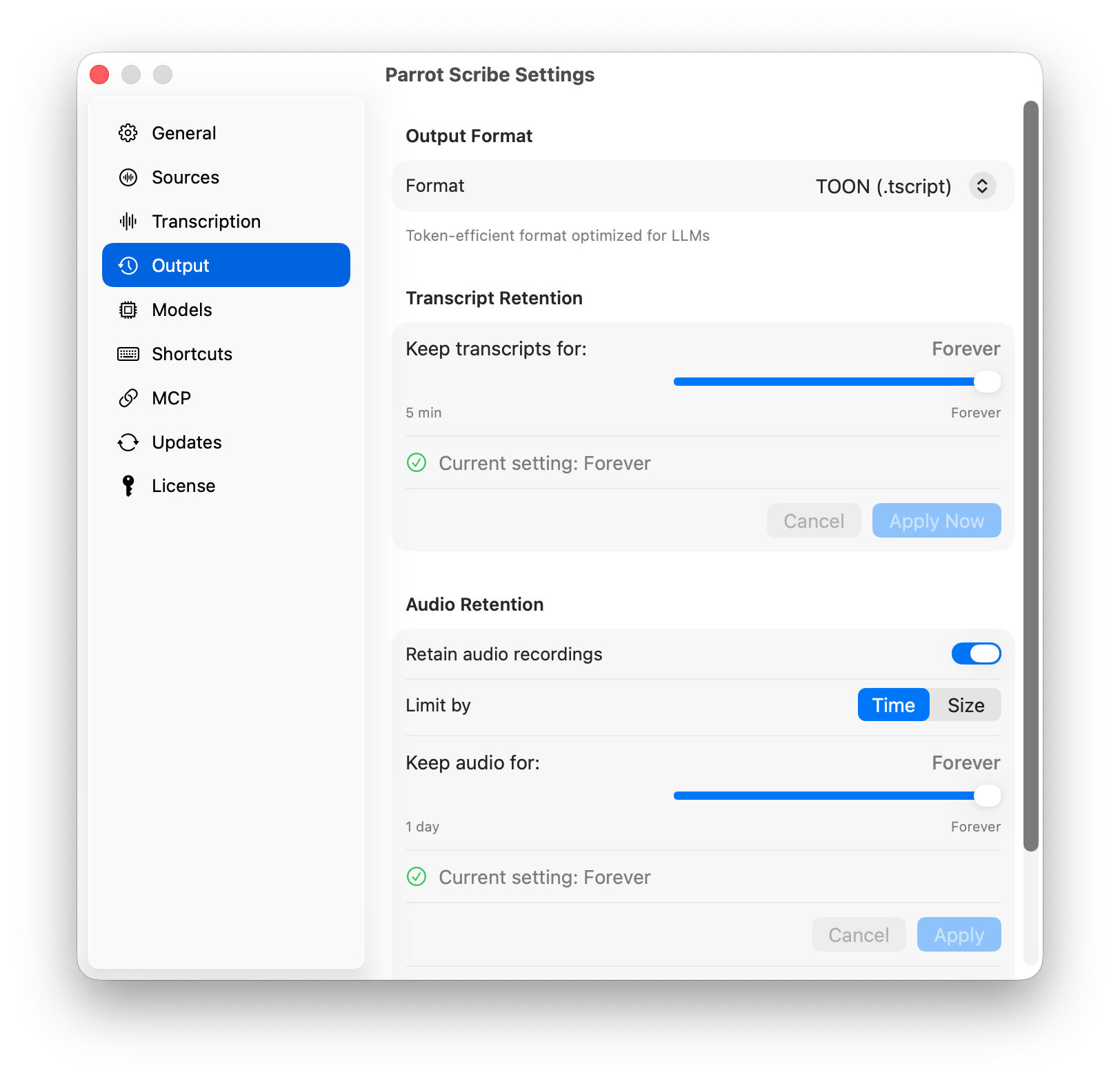 Output settings for transcript format and retention