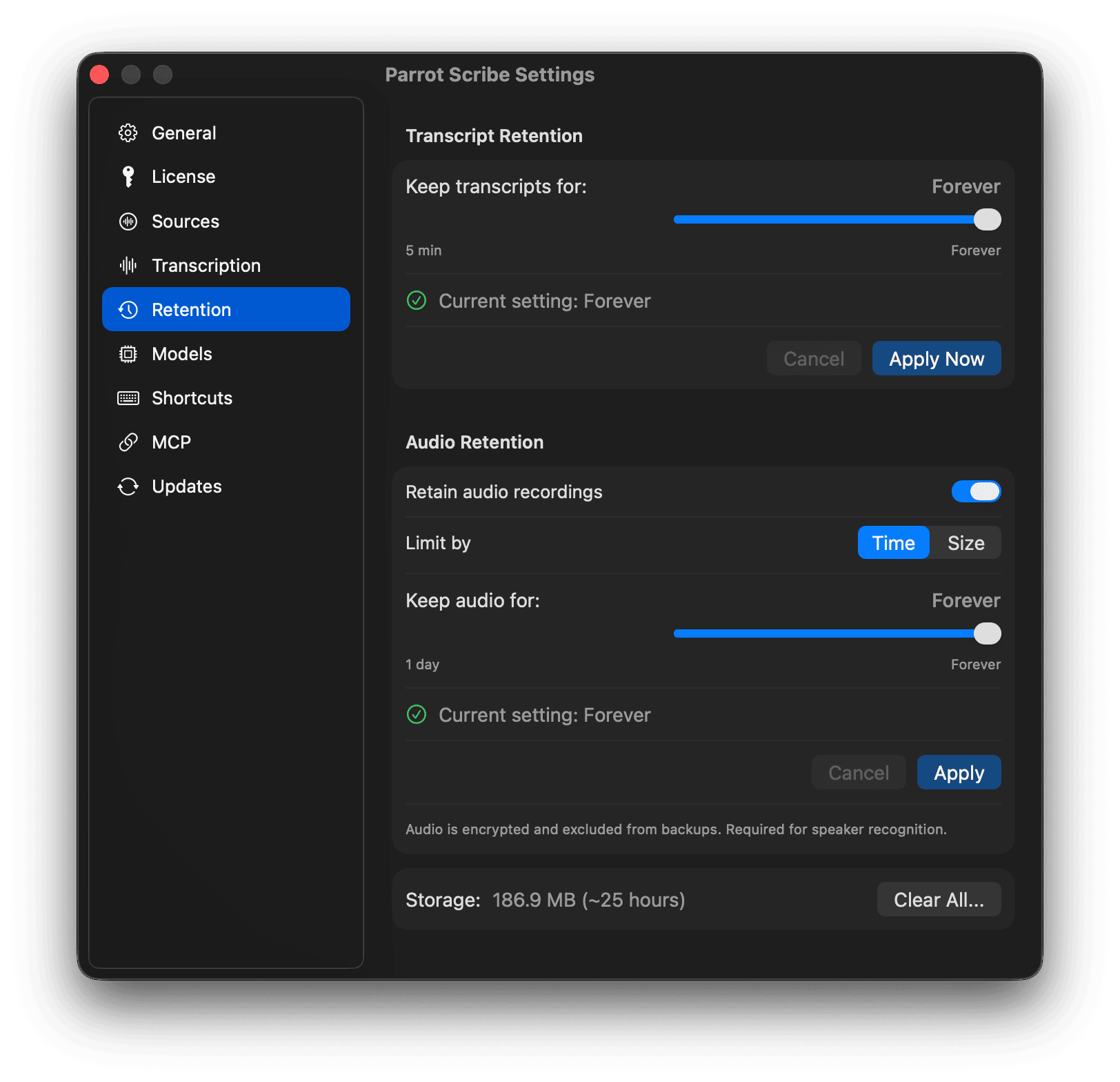Retention settings with duration menu