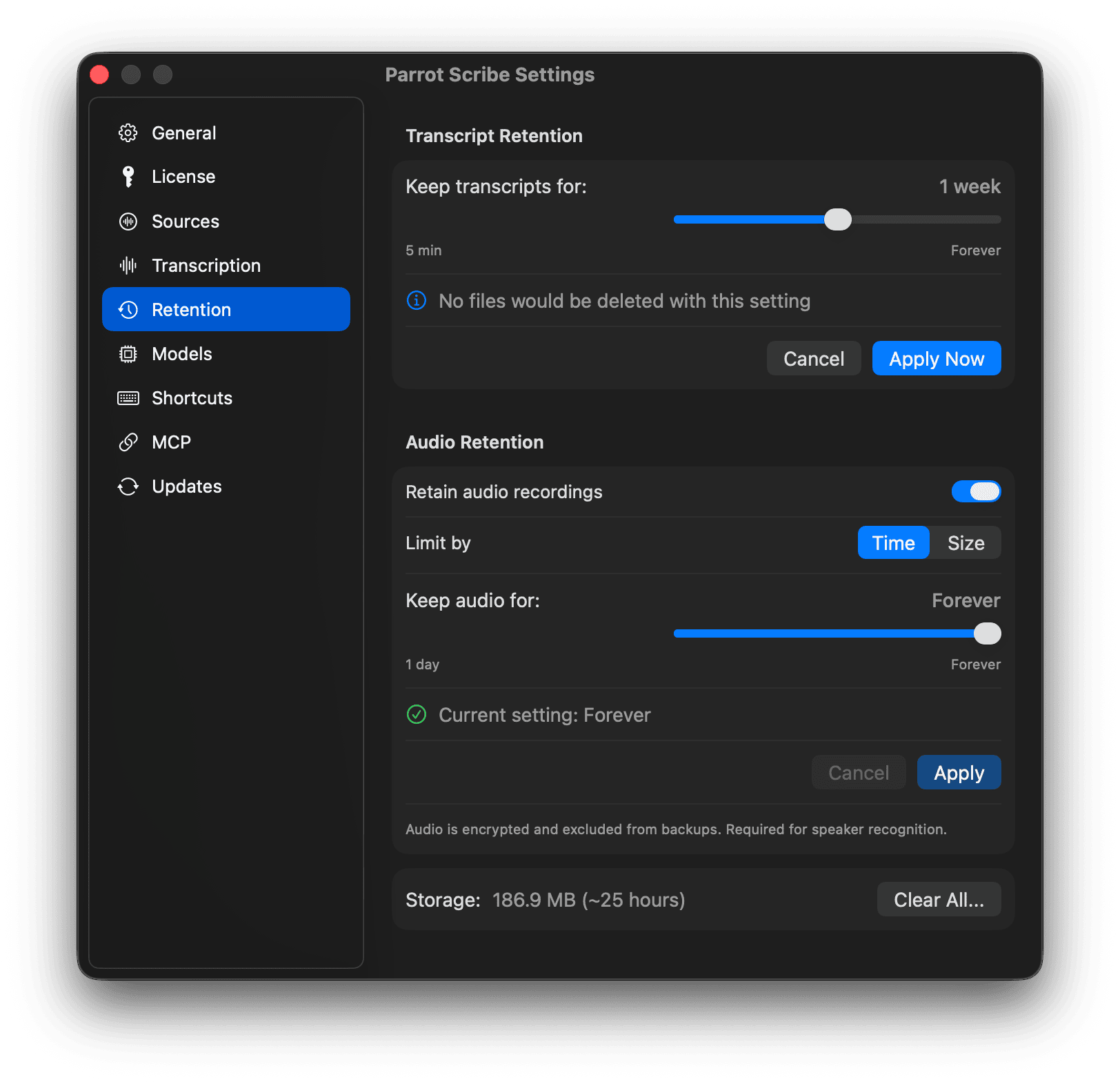 Retention settings with one-week selection