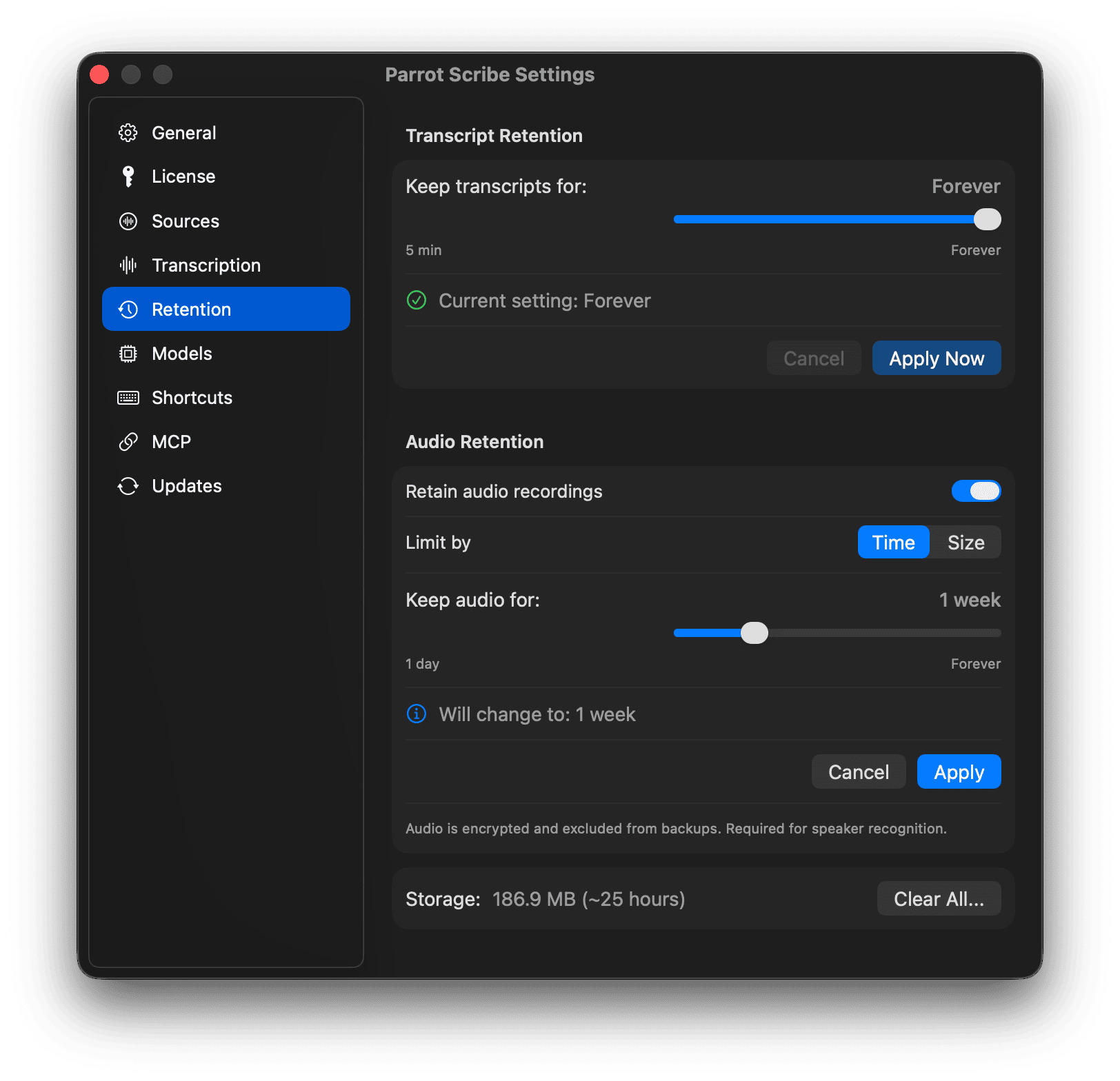 Retention settings with audio retention enabled