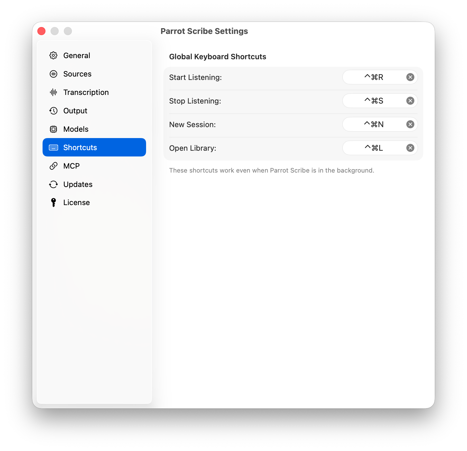 Global keyboard shortcut settings