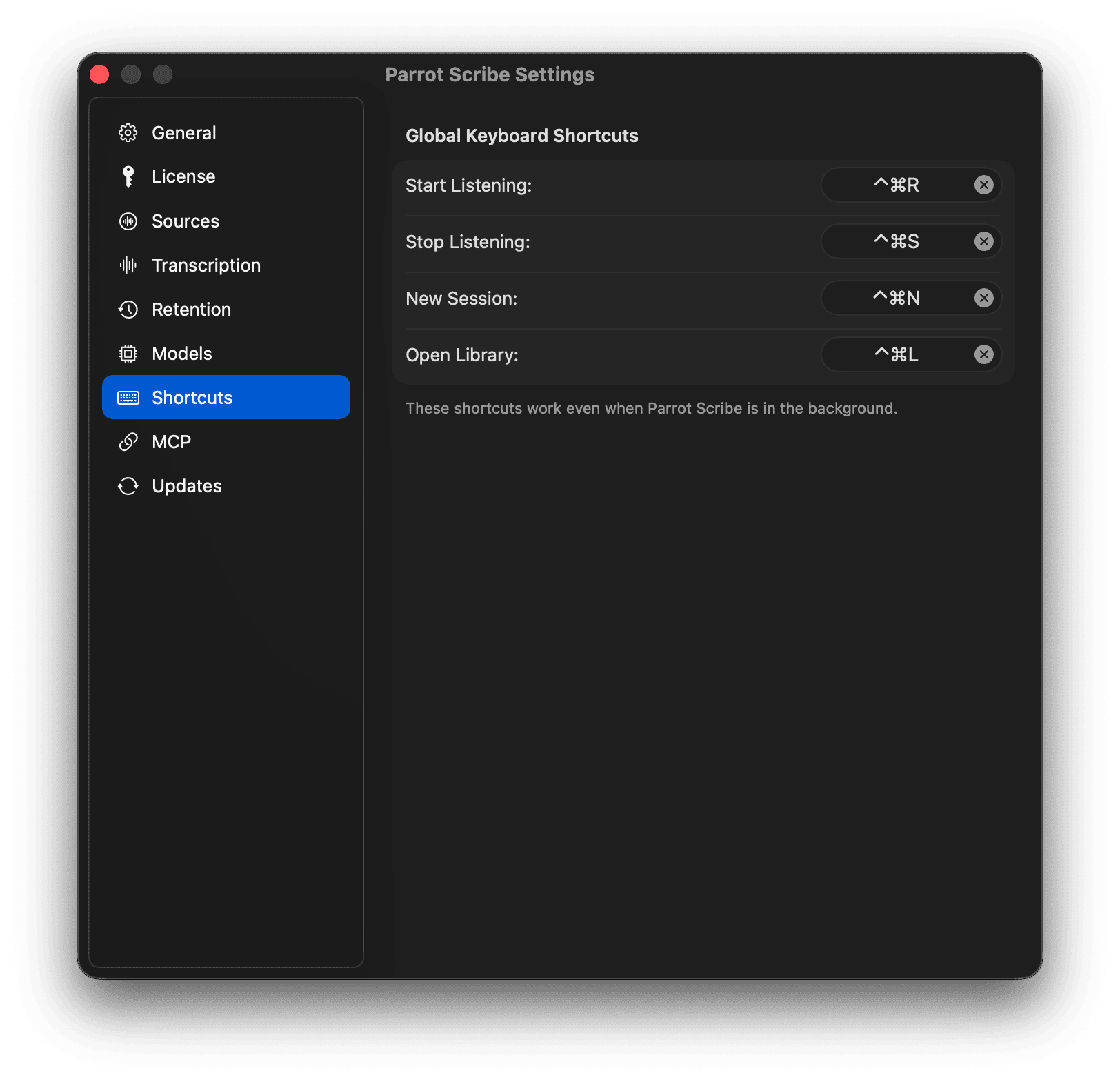 Shortcuts settings
