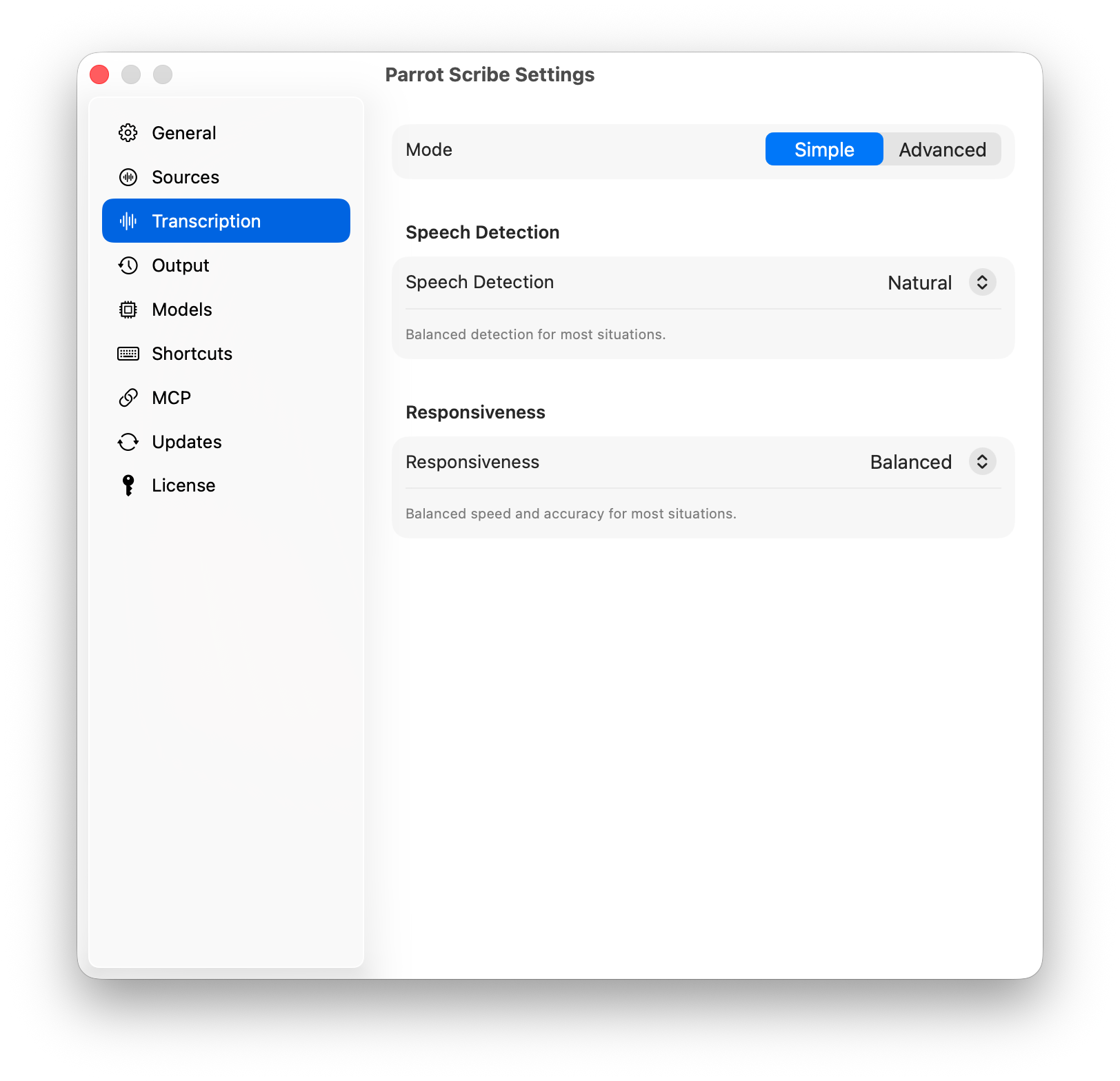 Transcription settings in Simple mode