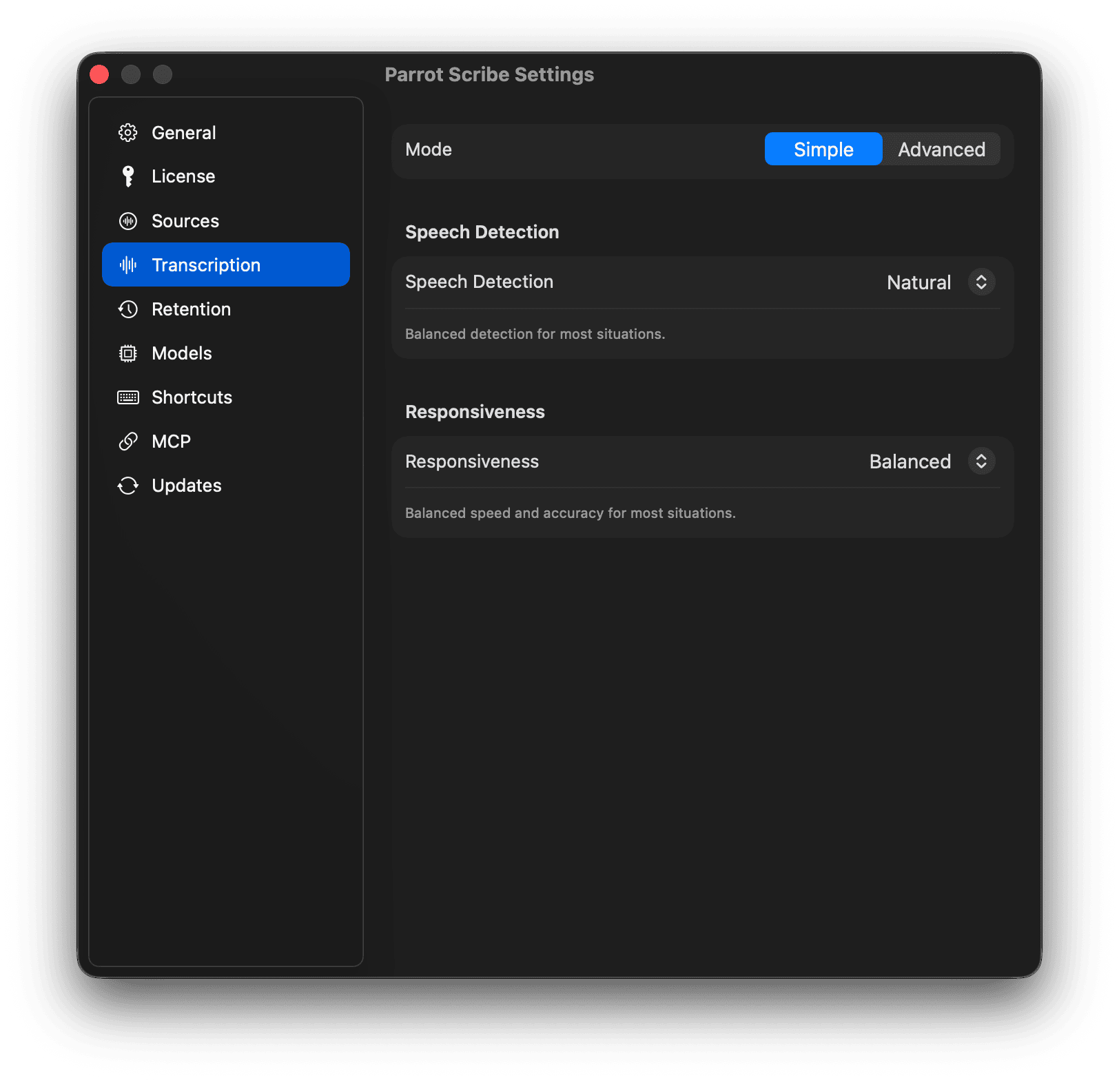 Transcription settings - Simple mode