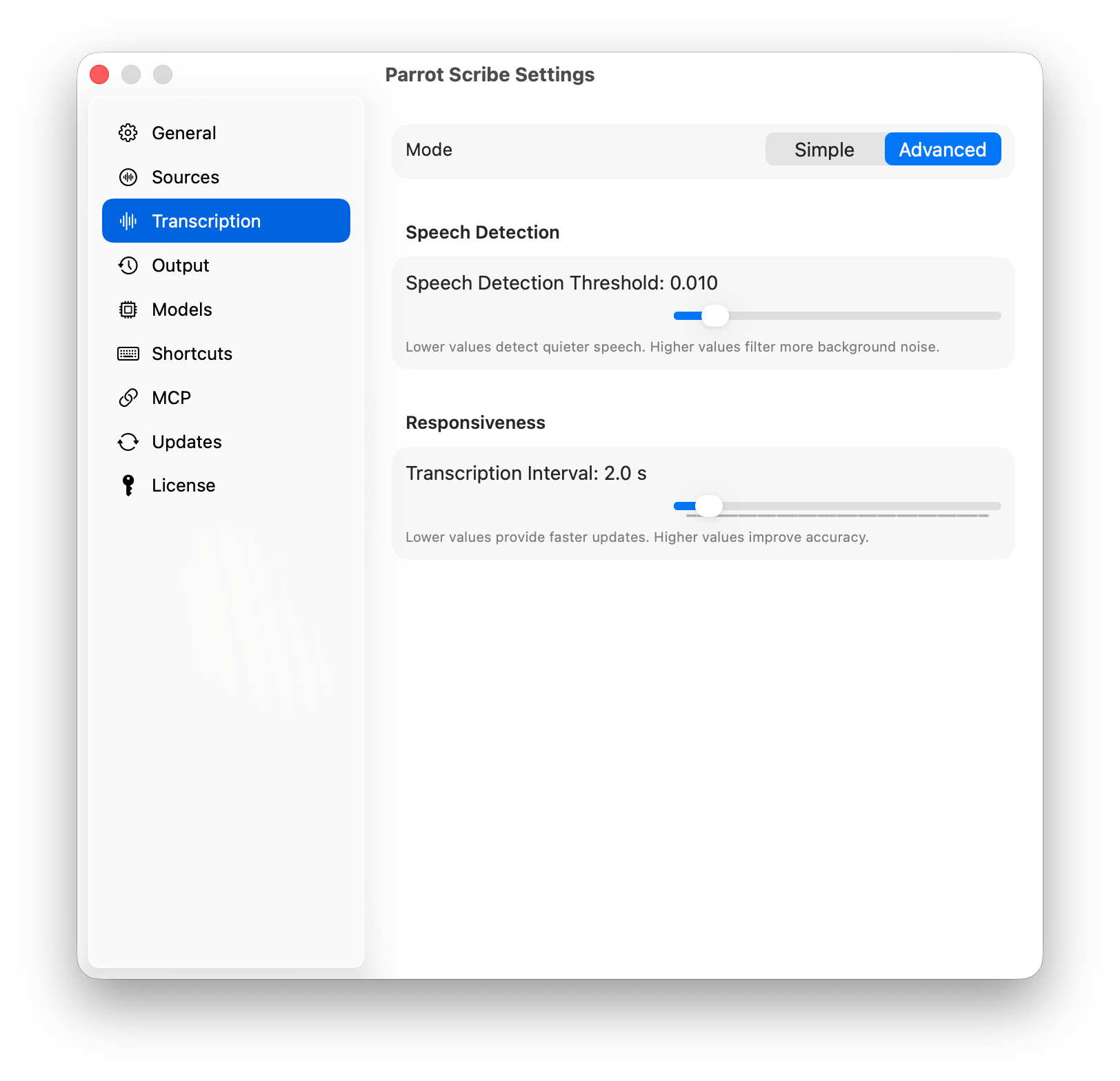 Transcription settings in Advanced mode