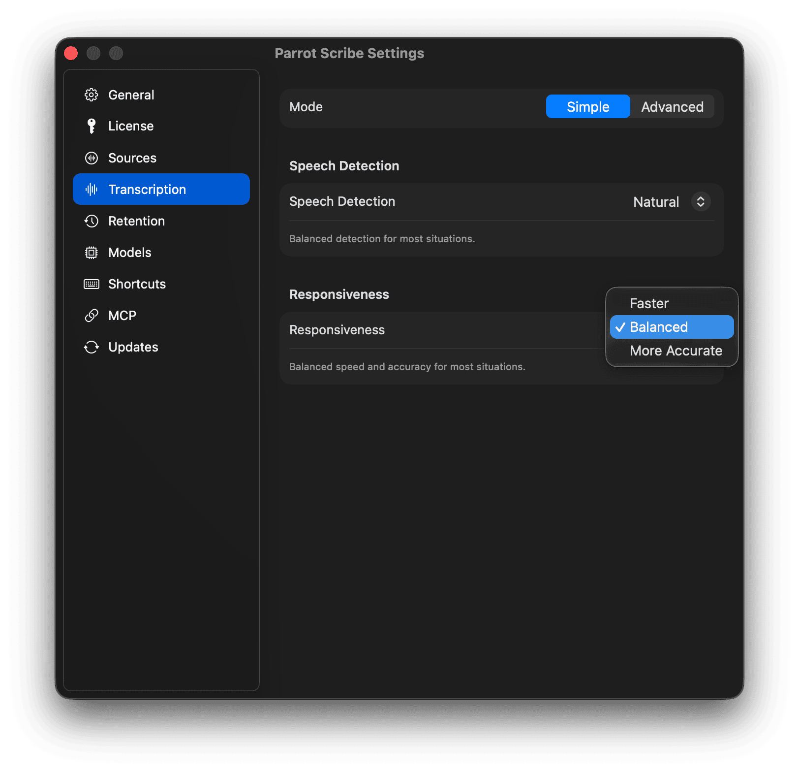 Transcription settings - Advanced mode
