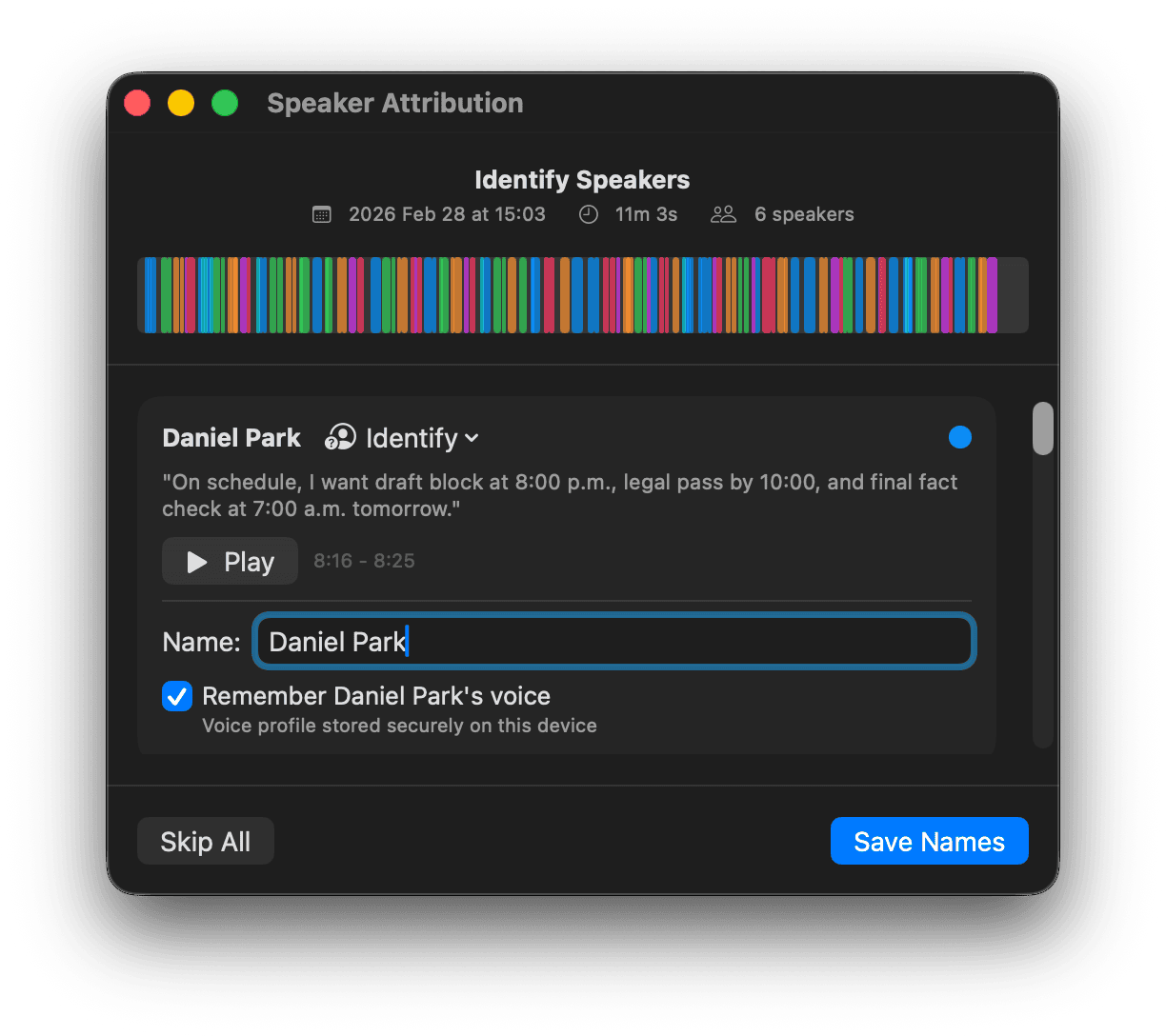 Speaker attribution view with remembered speaker labeling