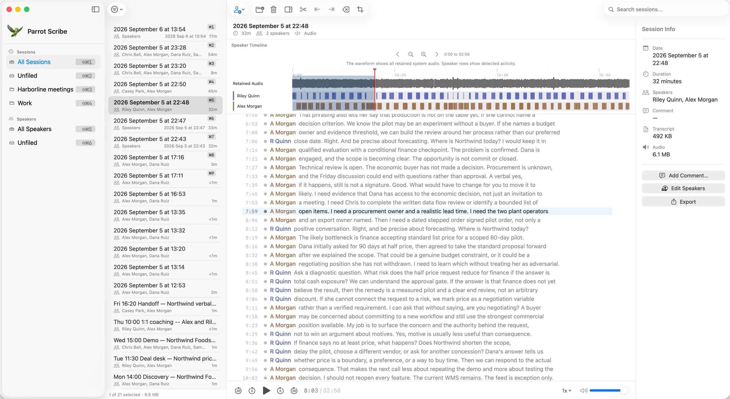 Parrot Scribe Library in light appearance: folders, a session list, a Speaker Timeline with two speakers, and a timestamped transcript.